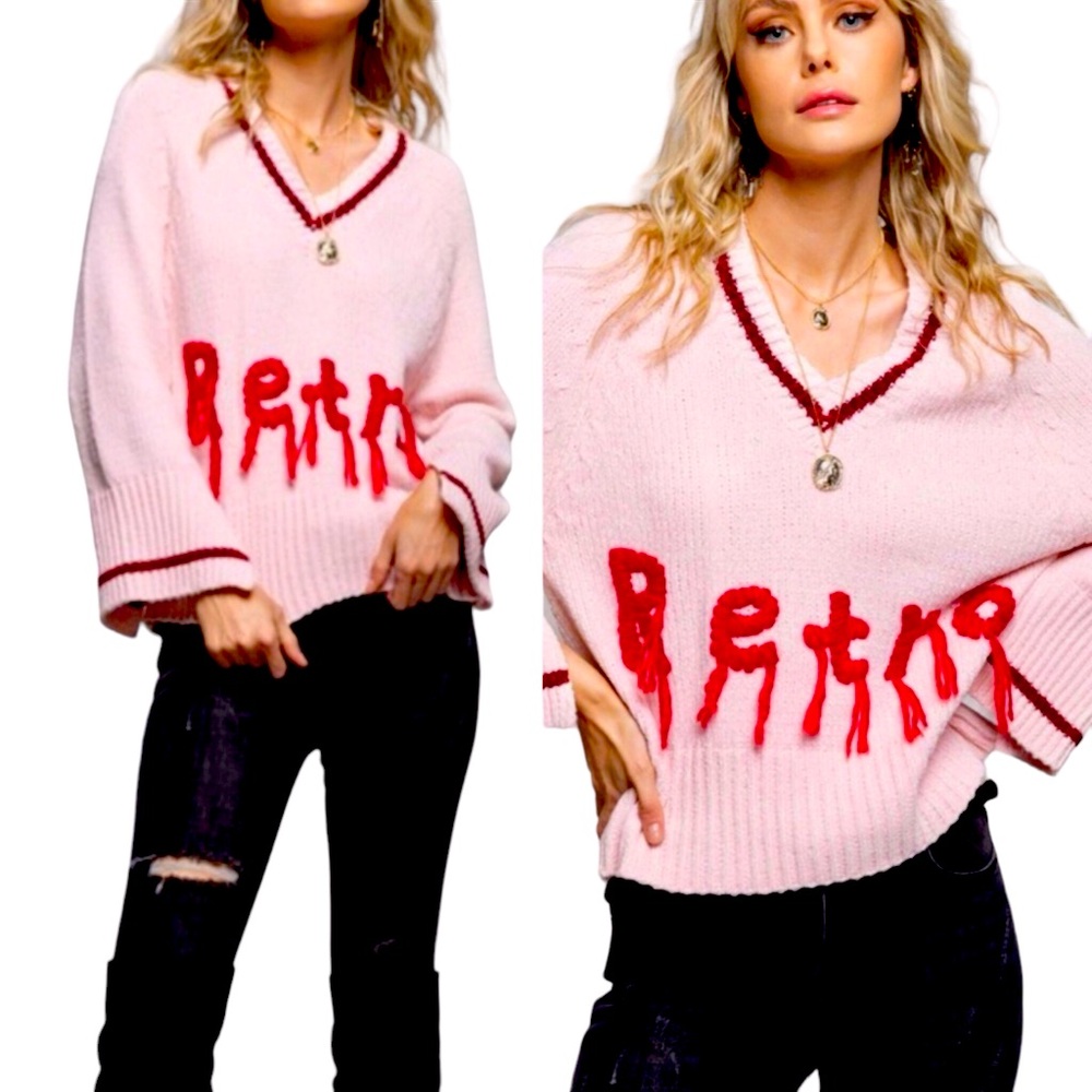 POL Retro Fringe V Neck Sweater Women Color Pink Size L